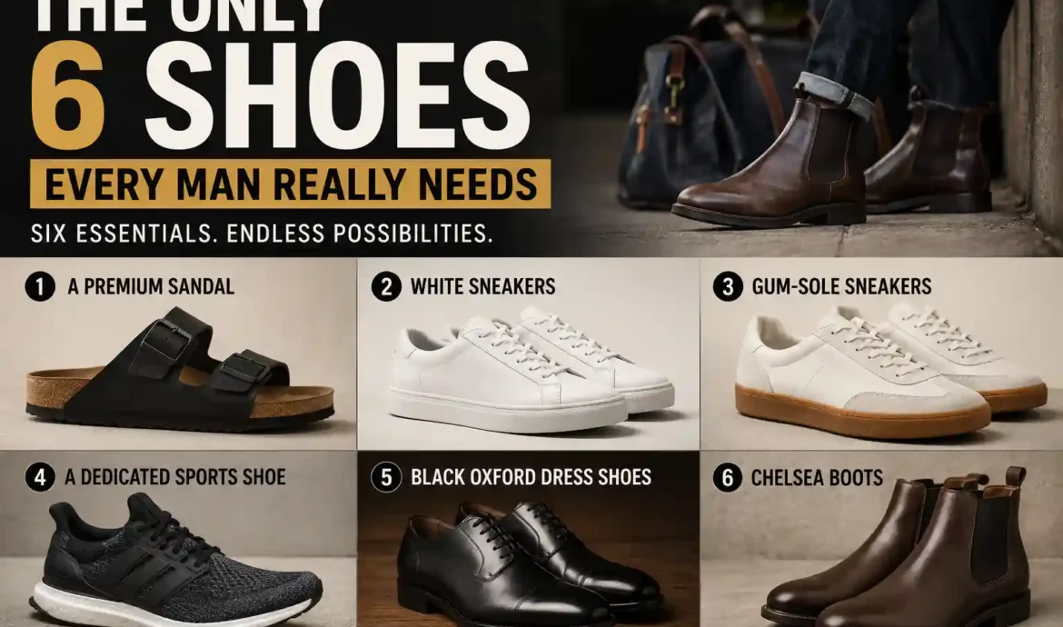 Infographic showing the six essential shoes every man should own: premium sandals, white sneakers, gum-sole sneakers, sports shoes, black Oxford dress shoes, and Chelsea boots.