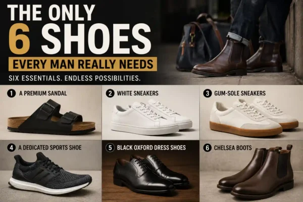 Infographic showing the six essential shoes every man should own: premium sandals, white sneakers, gum-sole sneakers, sports shoes, black Oxford dress shoes, and Chelsea boots.