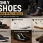 Infographic showing the six essential shoes every man should own: premium sandals, white sneakers, gum-sole sneakers, sports shoes, black Oxford dress shoes, and Chelsea boots.